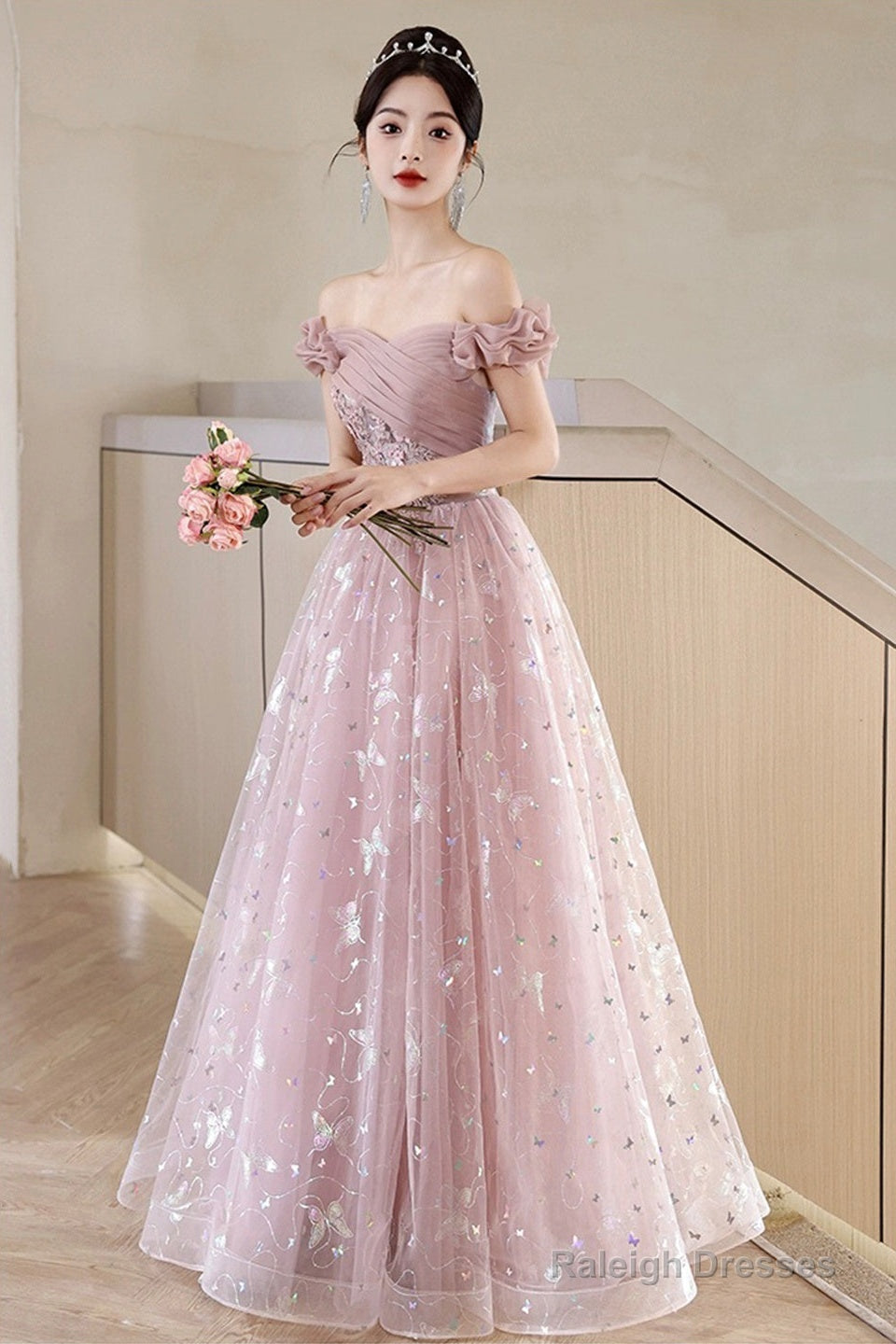 Pink Tulle Floor Length Prom Dress With Butterfly Sequins, Beautiful Off The Shoulder Evening Dress Main image