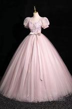 Pink Tulle Floral Floor Length Prom Dress, A-Line Short Sleeve Evening Dress