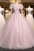 Pink Tulle Floral Floor Length Prom Dress, A-Line Short Sleeve Prom Dress