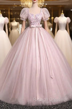 Pink Tulle Floral Floor Length Prom Dress, A-Line Short Sleeve Evening Dress