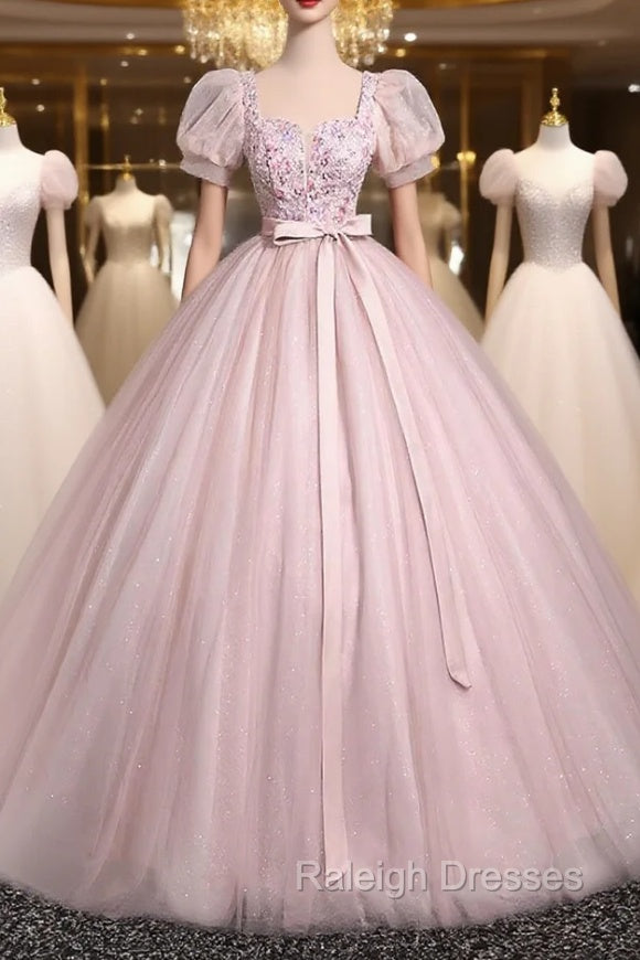 Pink Tulle Floral Floor Length Prom Dress, A-Line Short Sleeve Evening Dress