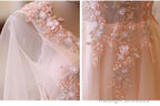 Pink Tulle Flower Lace V-Neckline Floor Length Prom Dress Lovely Pink Prom Dresses
