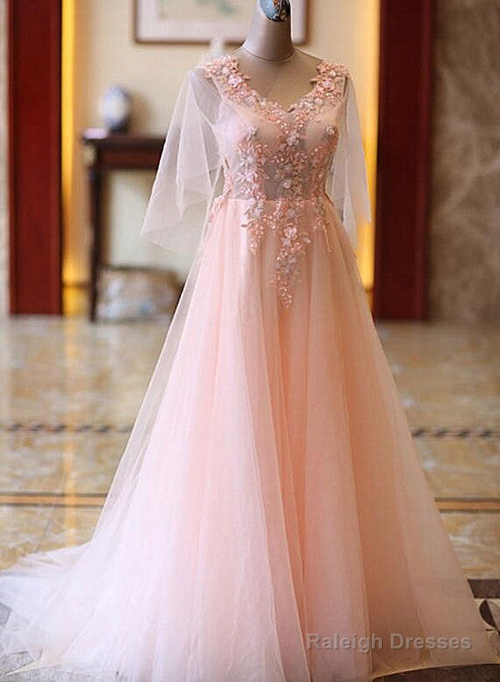 Pink Tulle Flower Lace V-Neckline Floor Length Party Dresses, Lovely Pink Prom Dress