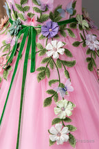 Pink Tulle Flower Long Prom Dresses, Cute Spaghetti Sweet 16 Dresses