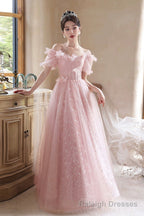 Pink Tulle Flowers Floor Length Prom Dress, Beautiful A-Line Evening Party Dress