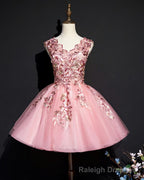 Pink Tulle Flowers Homecoming Dress, Short Pink Teen Formal Dress