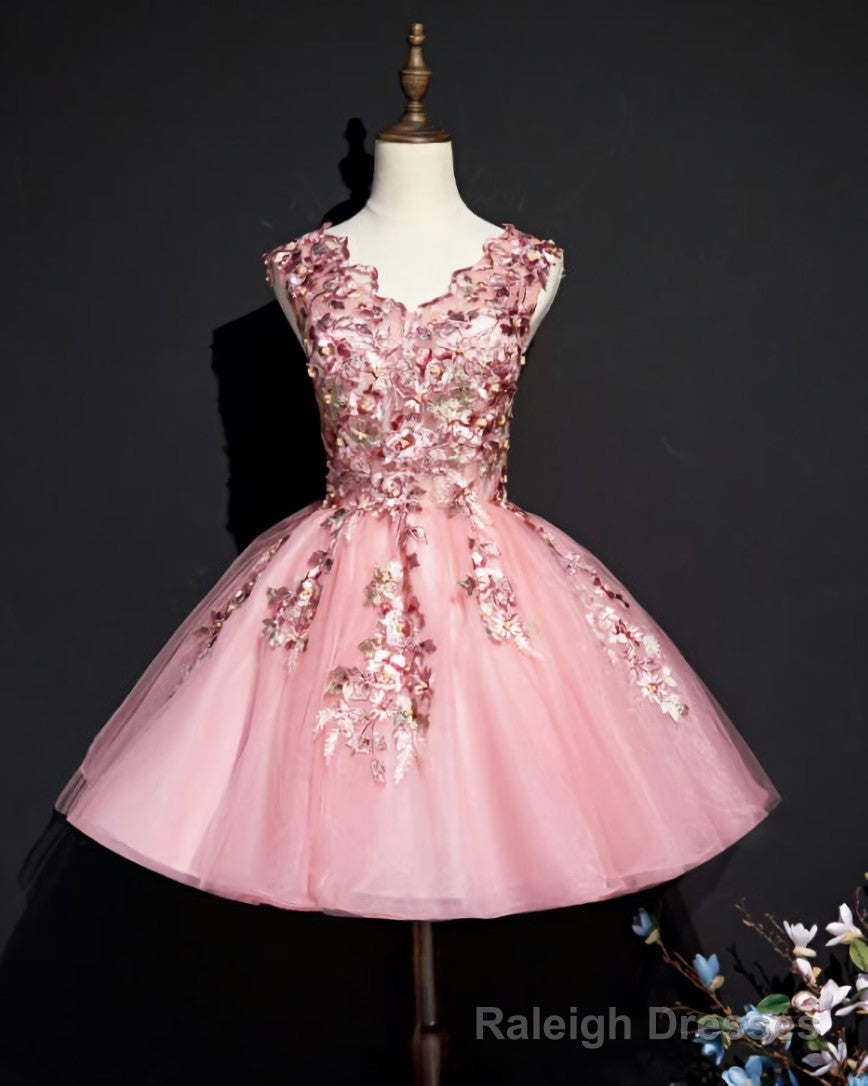Pink Tulle Flowers Homecoming Dress, Short Pink Teen Formal Dress