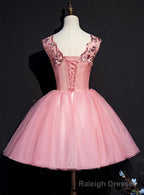 Pink Tulle Flowers Homecoming Dress, Short Pink Teen Formal Dress