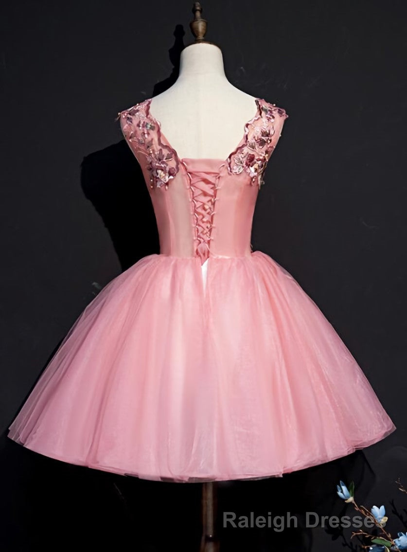 Pink Tulle Flowers Homecoming Dress, Short Pink Teen Formal Dress