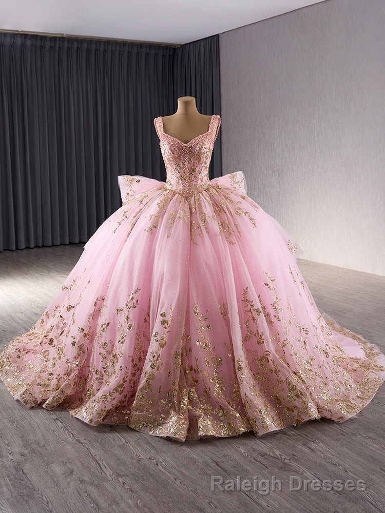 Pink Tulle Gold Sequins Tiers Prom Dress Main image
