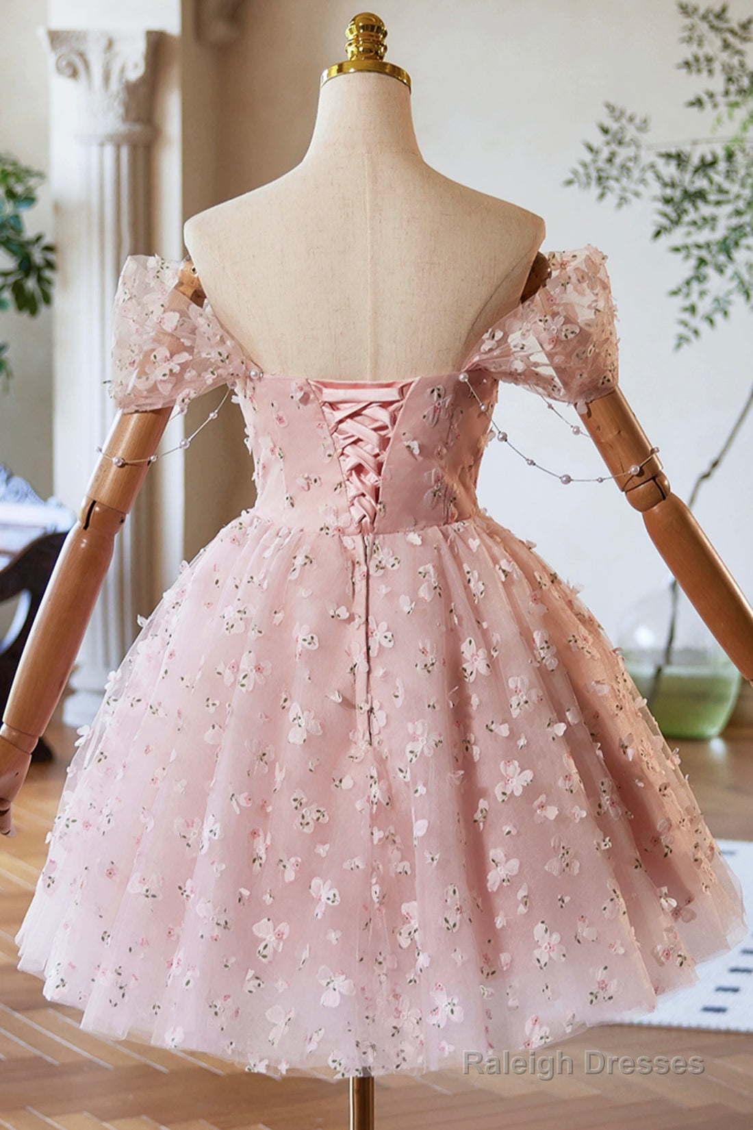 Pink Tulle Knee Length Party Dress, A-Line Off The Shoulder Evening Dress Secondary image