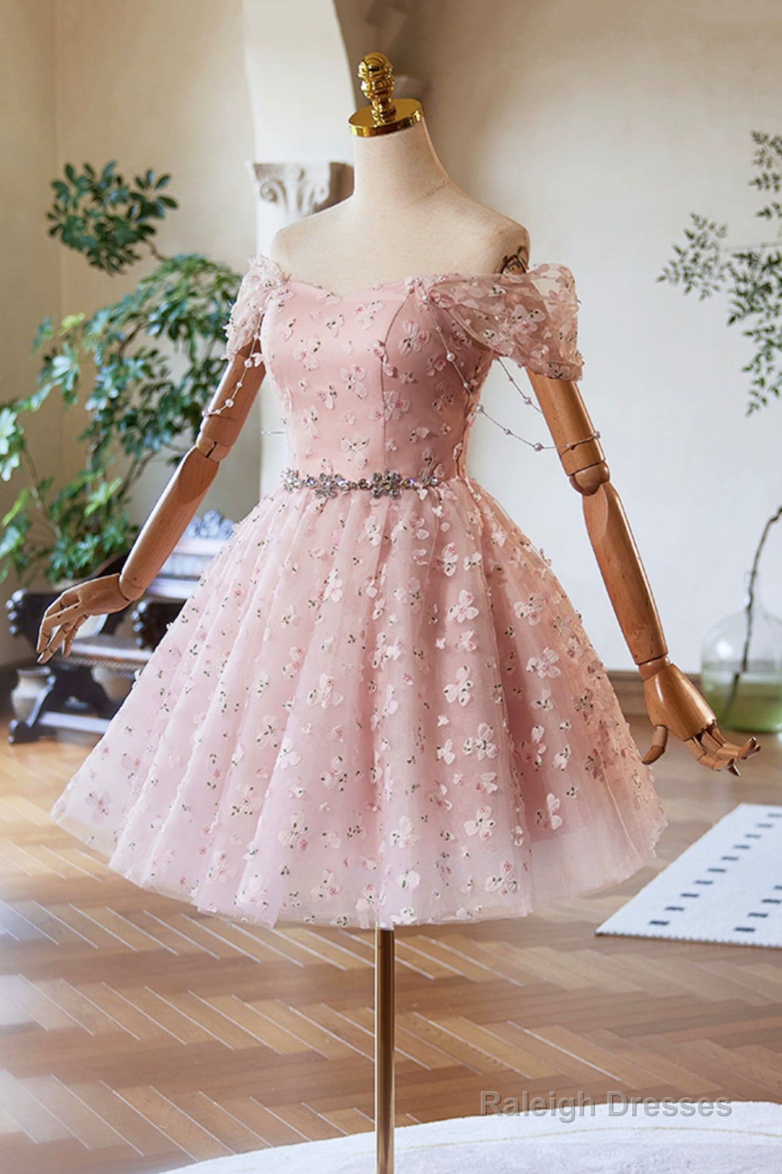 Pink Tulle Knee Length Party Dress, A-Line Off The Shoulder Evening Dress