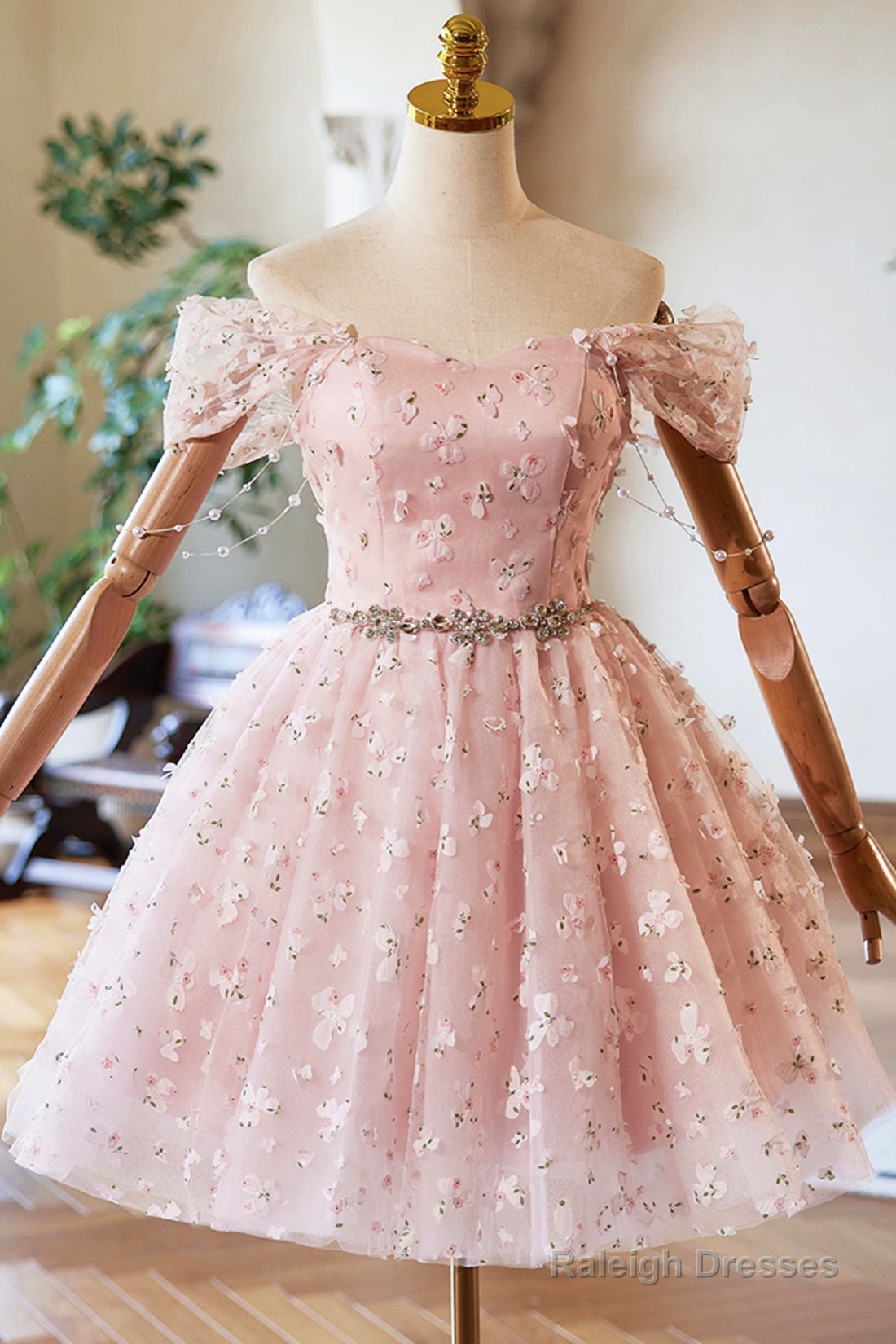 Pink Tulle Knee Length Party Dress, A-Line Off The Shoulder Evening Dress Main image