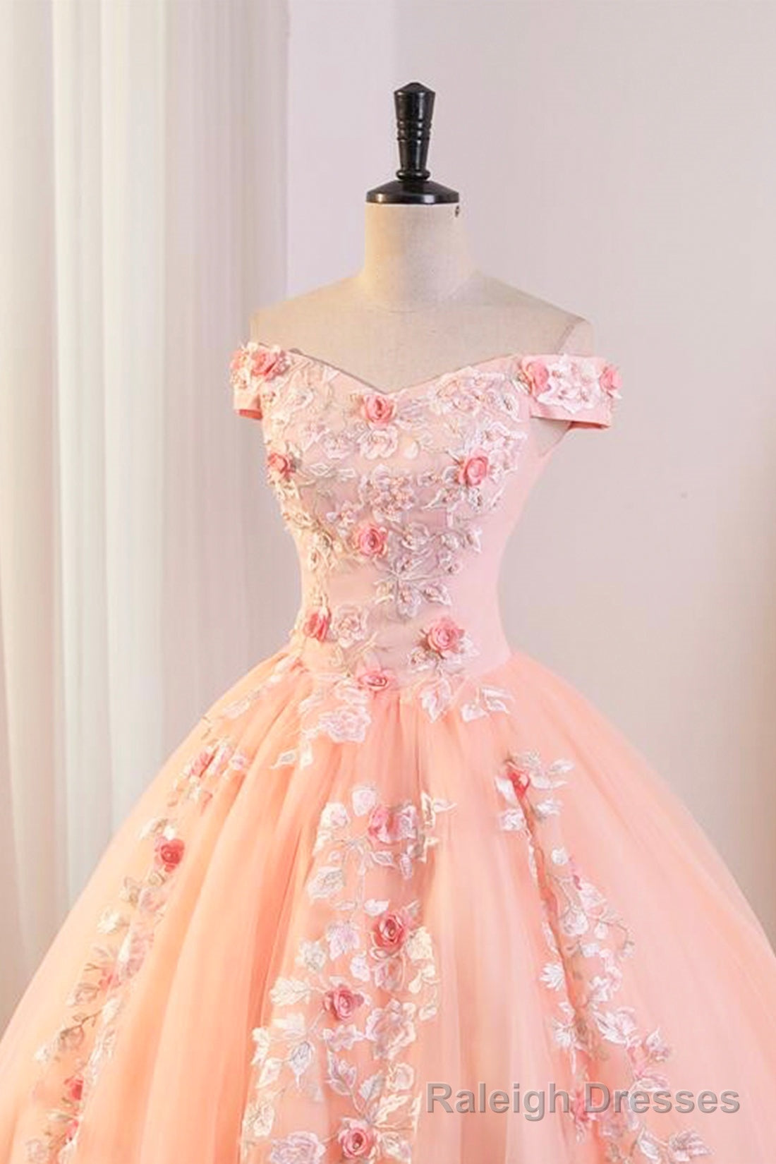 Pink Tulle Lace and Flowers Ball Gown Formal Dresses, Pink Long Sweet 16 Dresses Secondary image