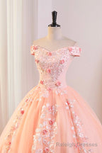 Pink Tulle Lace and Flowers Ball Gown Formal Dresses, Pink Long Sweet 16 Dresses