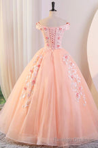 Pink Tulle Lace and Flowers Ball Gown Formal Dresses, Pink Long Sweet 16 Dresses