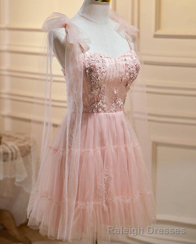 Pink Tulle Lace and Flowers Short Homecoming Dress, Cute Pink Prom Dress Main image