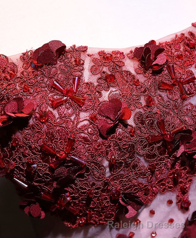 Pink Tulle Lace Applique Long Prom Dress, Burgundy Lace Evening Dress Secondary image