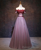 Pink Tulle Lace Applique Long Prom Dress, Burgundy Lace Prom Dress
