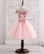 Pink Tulle Lace Applique Short Flower Girl Dresses