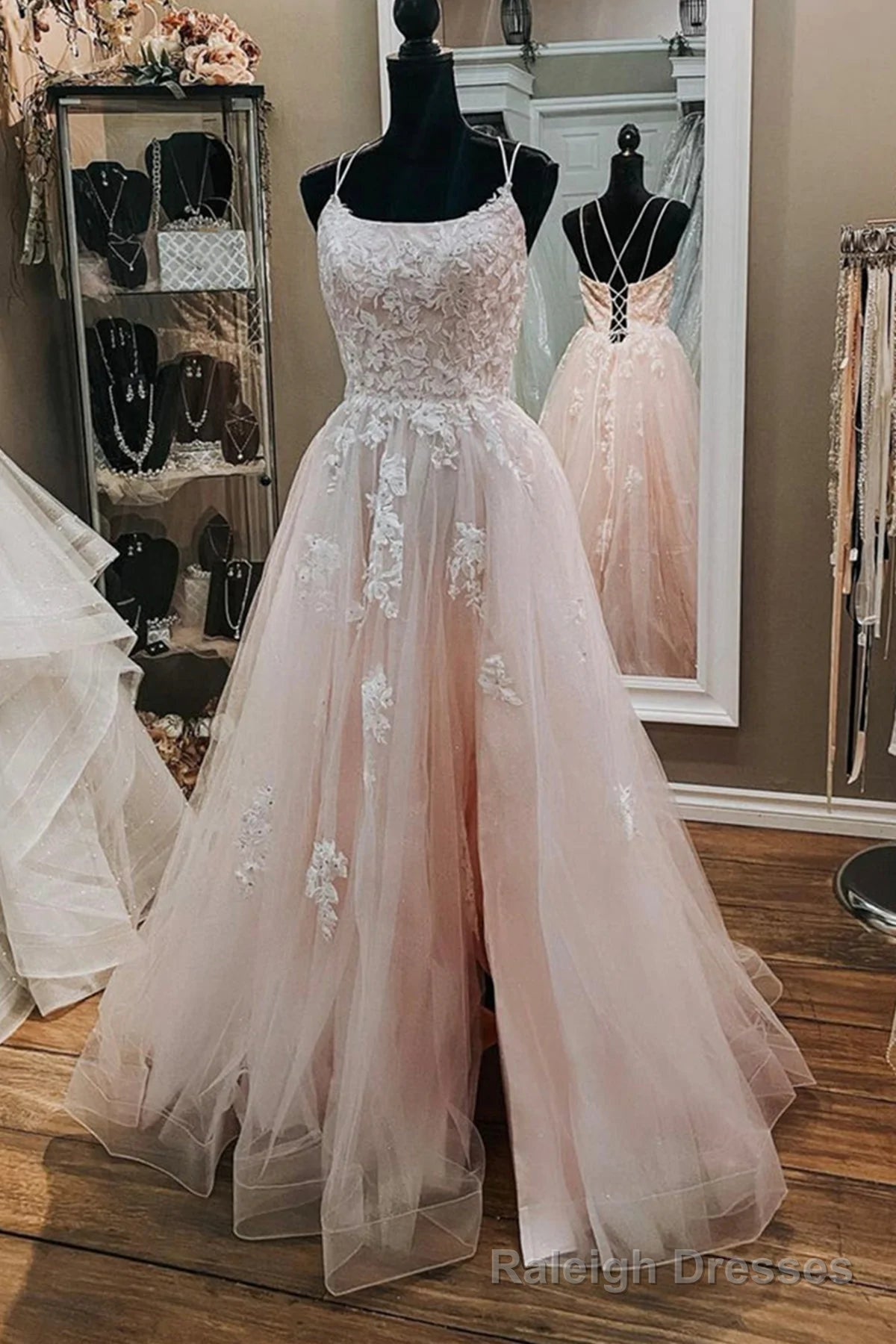 Pink Tulle  Lace Appliques A Line Open Back Long Prom Dress, Pink Party Dress Secondary image