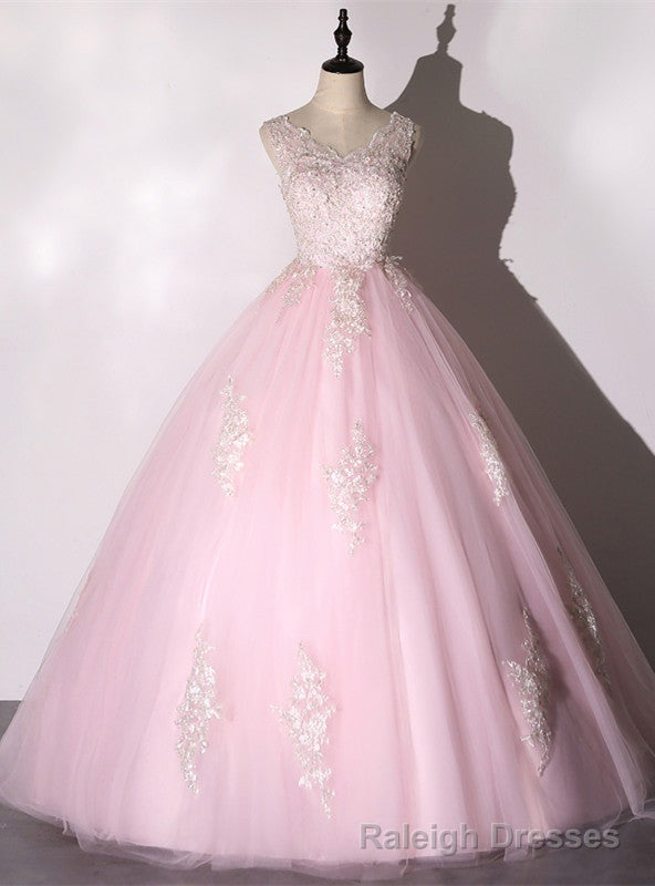 Pink Tulle Lace Appliques V-neck Backless Quinceanera Dress Main image