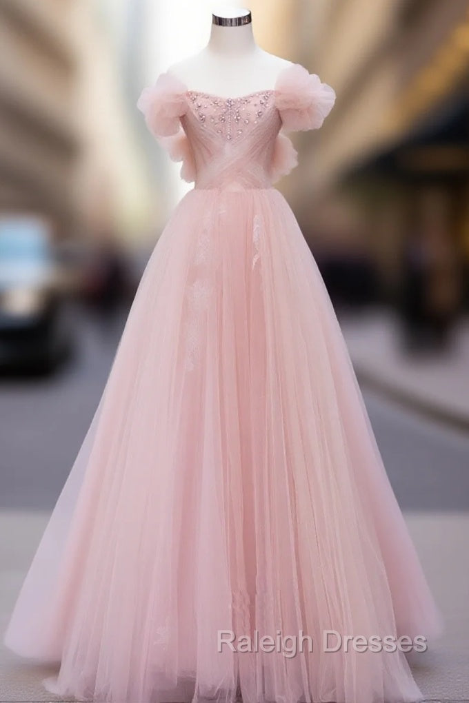Pink Tulle Lace Beads Long Prom Dress, Pink A Line Evening Dress Main image