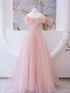 Pink Tulle Lace Beads Long Prom Dress, Pink A Line Evening Dress