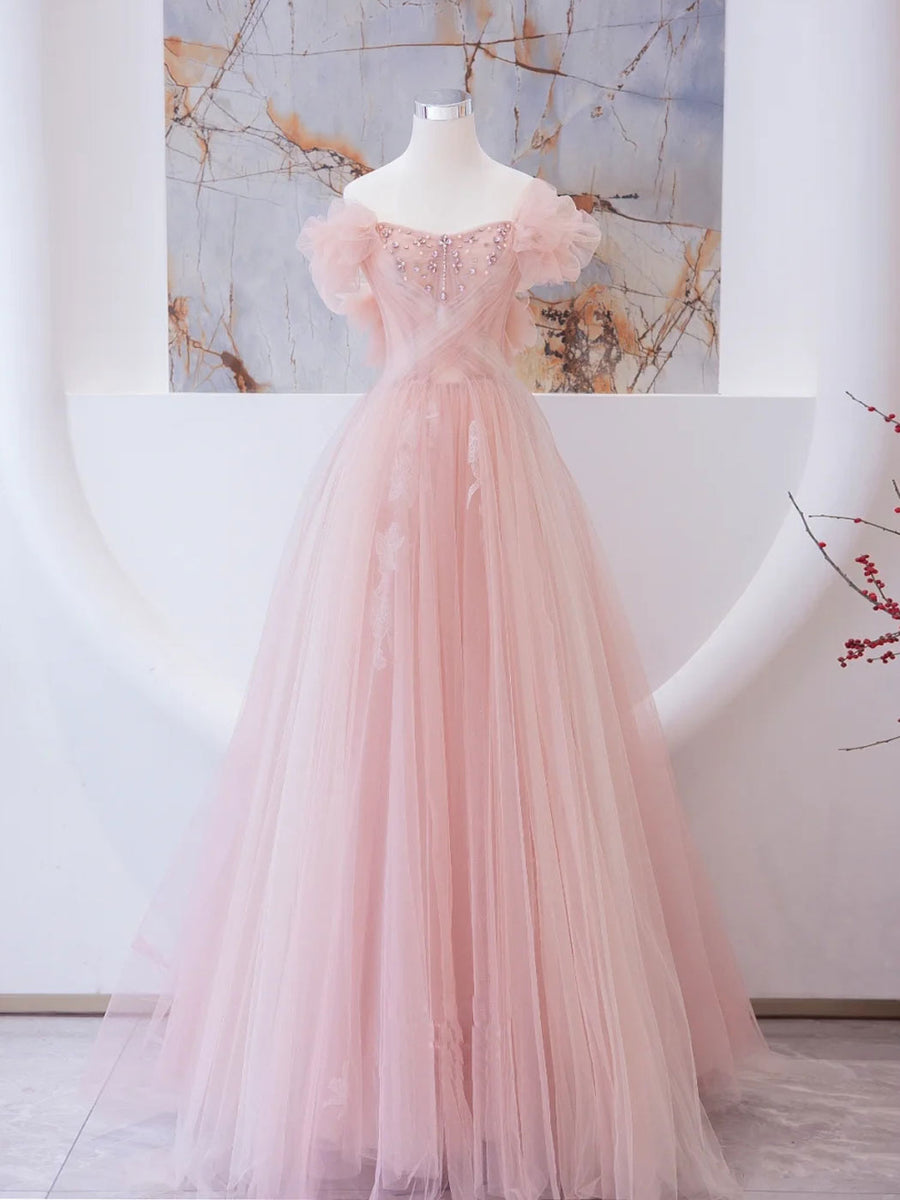Pink Tulle Lace Beads Long Prom Dress, Pink A Line Evening Dress