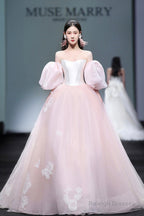 Pink Tulle Lace Long A-Line Princess Dress, Cute Puff Sleeve Sweet 16 Dress