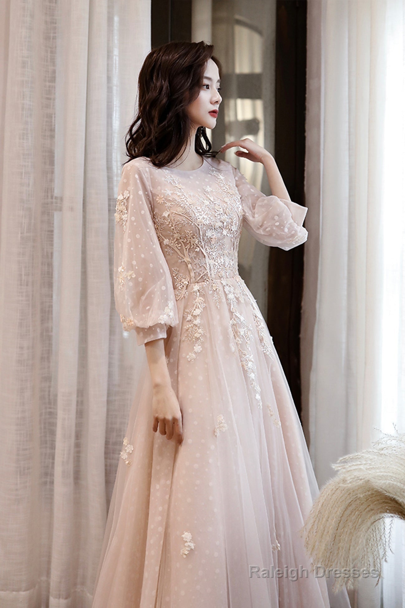 Pink Tulle Lace Long A-Line Prom Dresses, Long Sleeve Evening Dresses Secondary image