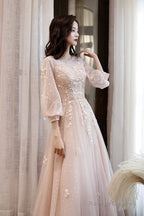 Pink Tulle Lace Long A-Line Prom Dresses, Long Sleeve Evening Dresses
