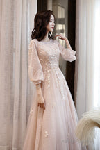Pink Tulle Lace Long A-Line Prom Dress Long Sleeve Prom Dress