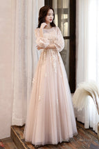 Pink Tulle Lace Long A-Line Prom Dresses, Long Sleeve Evening Dresses