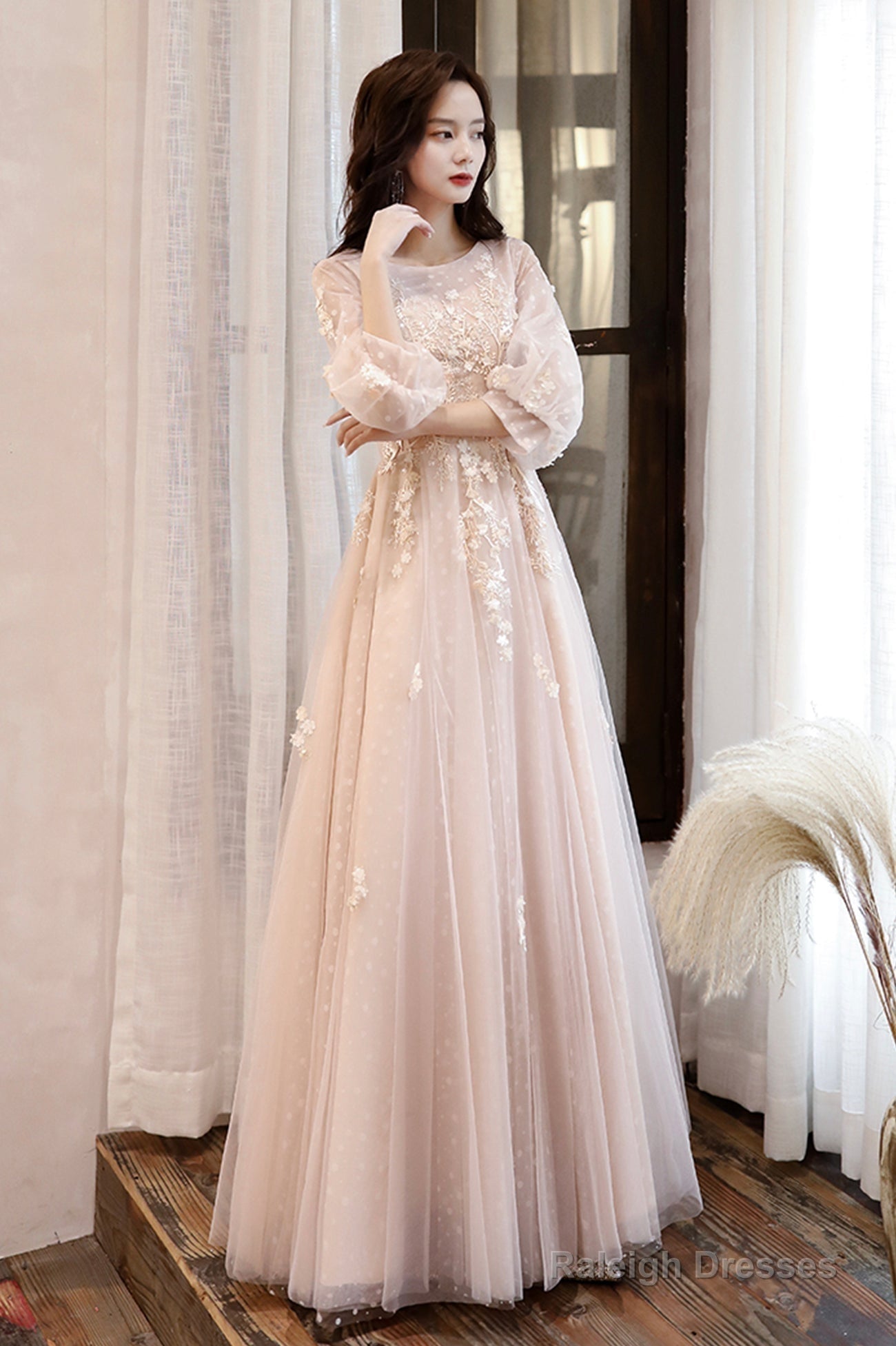 Pink Tulle Lace Long A-Line Prom Dresses, Long Sleeve Evening Dresses