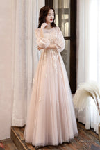 Pink Tulle Lace Long A-Line Prom Dress Long Sleeve Prom Dress