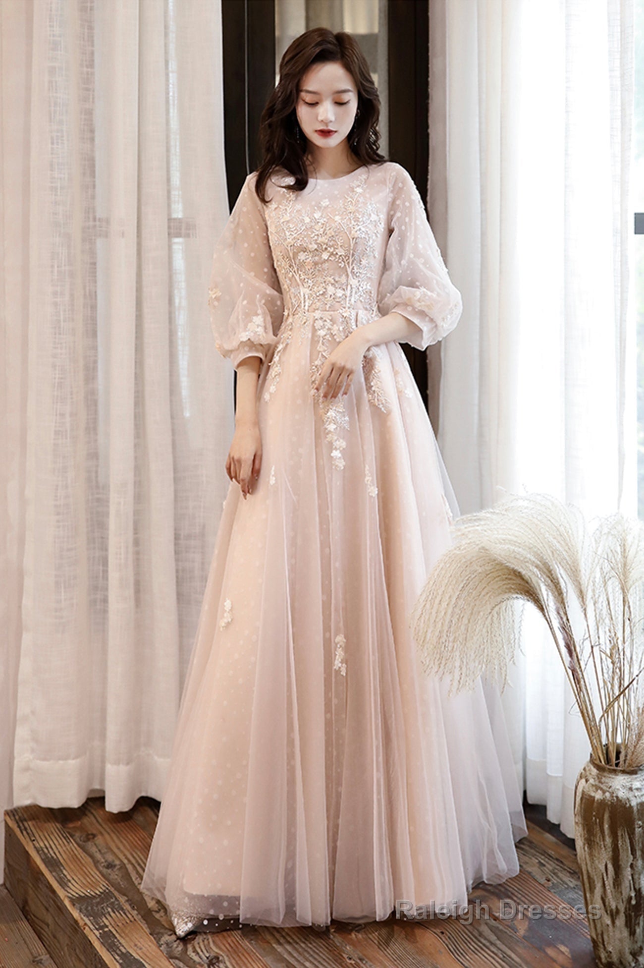 Pink Tulle Lace Long A-Line Prom Dresses, Long Sleeve Evening Dresses Main image