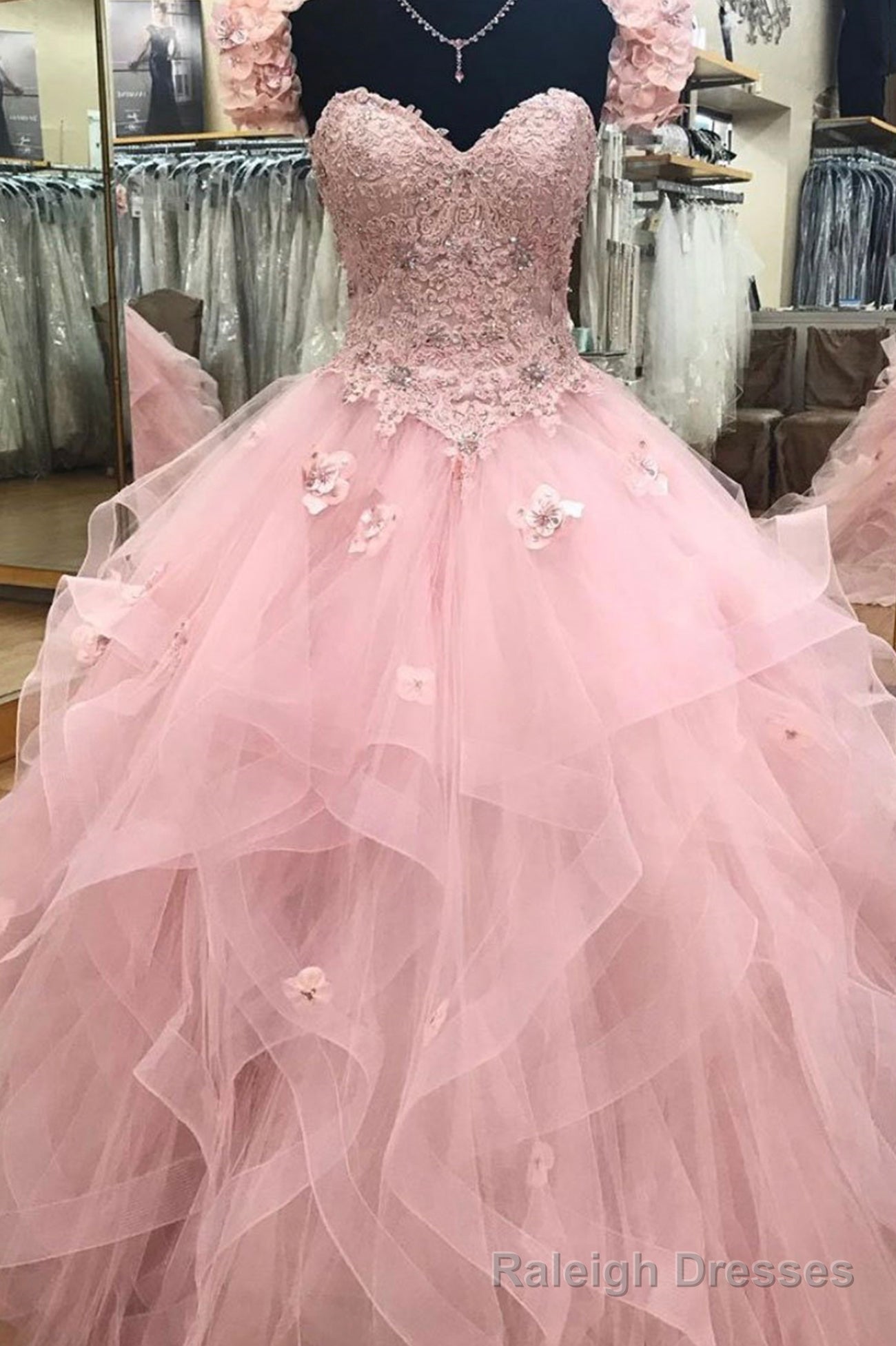 Pink Tulle Lace Long Ball Gown, A-Line Strapless Evening Dress Sweet 16 Dress