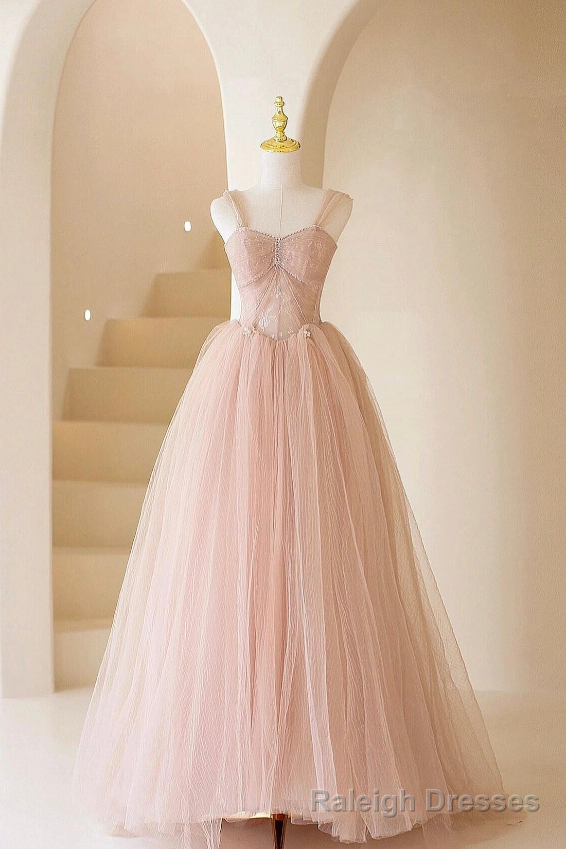Pink Tulle Lace Long Formal Dress, Beautiful A-Line Off Shoulder Pink Prom Dress Secondary image