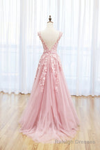 Pink Tulle Lace Long Prom Dress, Lovely A-Line Open Back Evening Dress