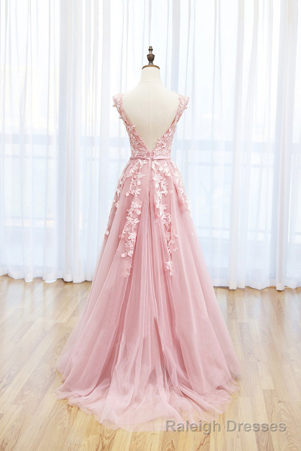 Pink Tulle Lace Long Prom Dress, Lovely A-Line Open Back Evening Dress