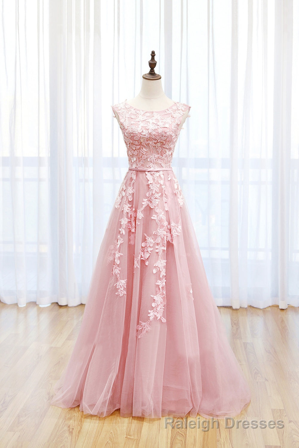 Pink Tulle Lace Long Prom Dress, Lovely A-Line Open Back Evening Dress Main image