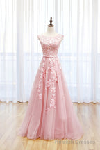 Pink Tulle Lace Long Prom Dress, Lovely A-Line Open Back Evening Dress