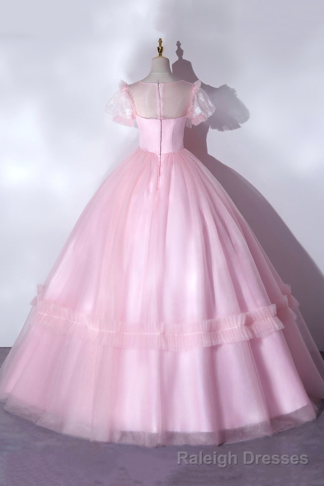 Pink Tulle Lace Long Prom Dress, Lovely A Line Short Sleeve Prom Dress