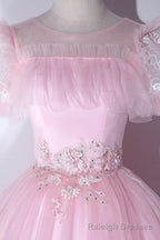Pink Tulle Lace Long Prom Dress, Lovely A Line Short Sleeve Prom Dress