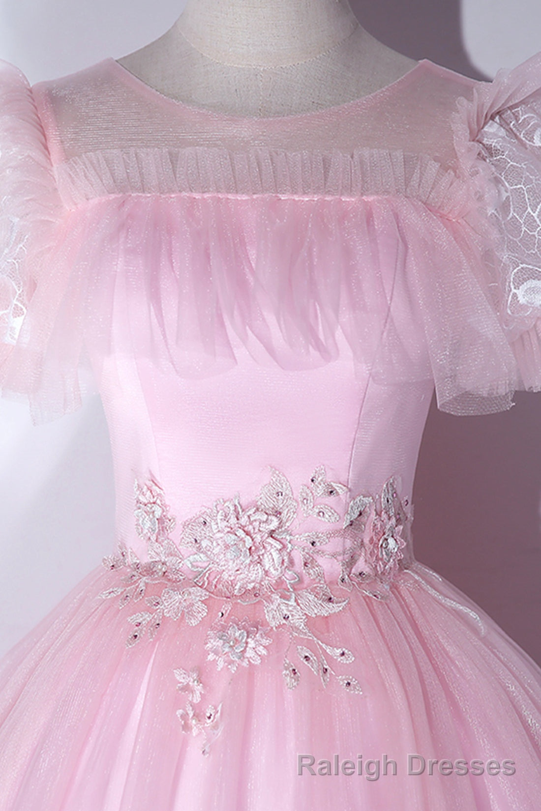 Pink Tulle Lace Long Prom Dress, Lovely A Line Short Sleeve Prom Dress