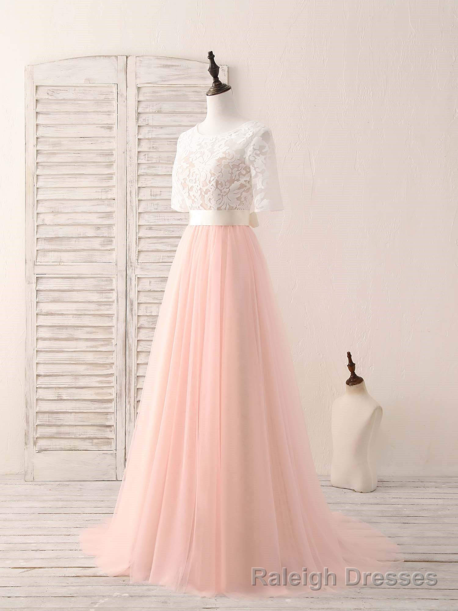 Pink Tulle Lace Long Prom Dress Pink Bridesmaid Dress Secondary image