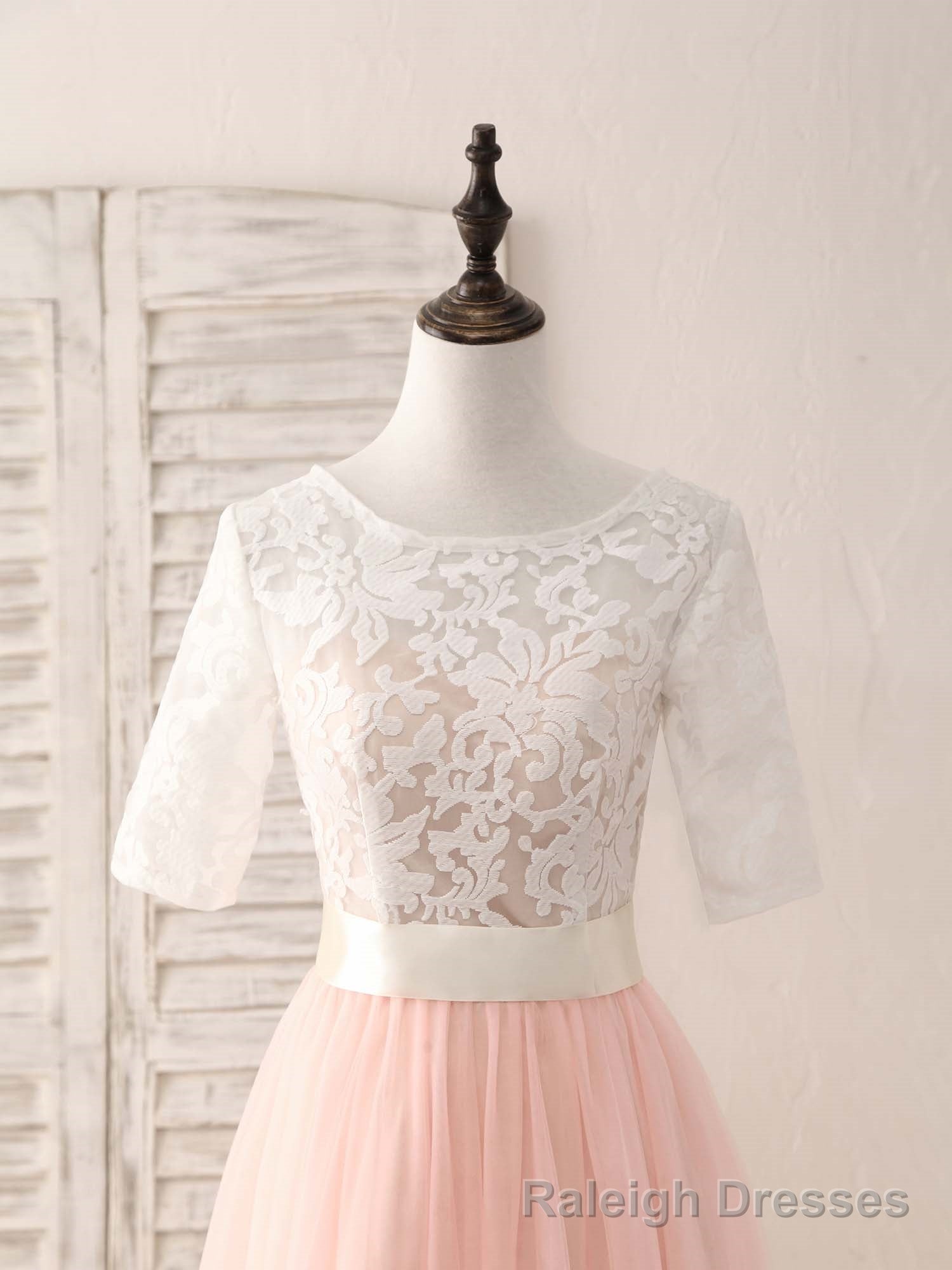 Pink Tulle Lace Long Prom Dress Pink Bridesmaid Dress