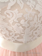 Pink Tulle Lace Long Prom Dress Pink Bridesmaid Dress