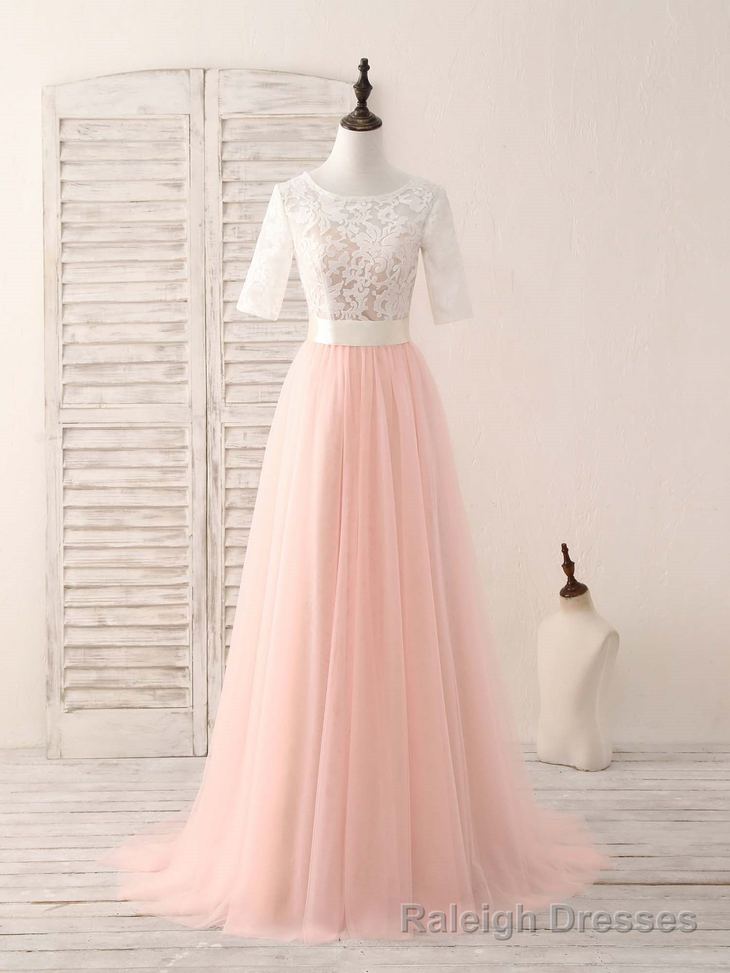 Pink Tulle Lace Long Prom Dress Pink Bridesmaid Dress